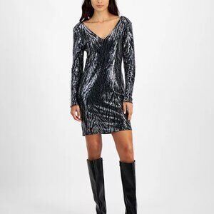 Bar III Black + Silver Sequin Long-sleeve Mini Dress